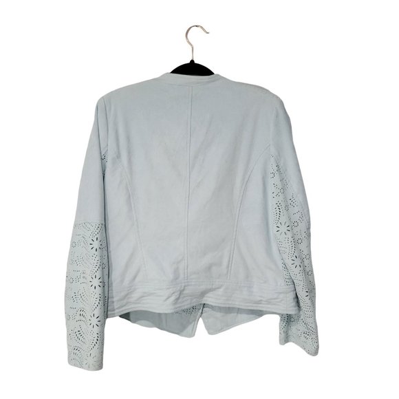 Chico's Women's Biker Jacket Color Light Blue Laser cut details Sz 1 - Picture 4 of 8